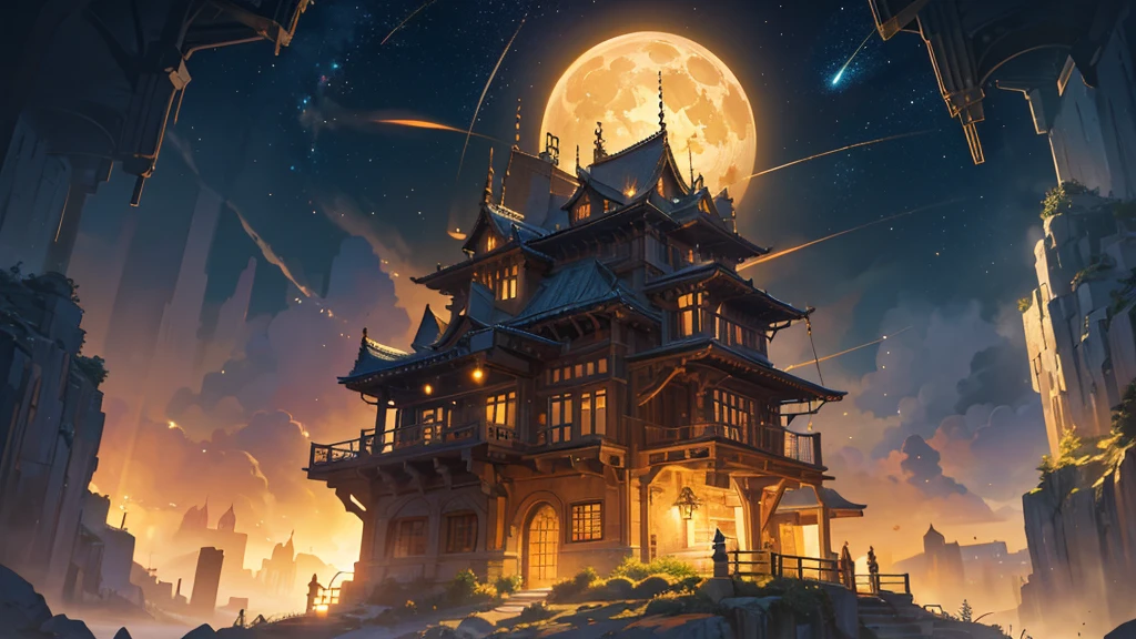 A village in the mountains, several houses glow bright yellow, there is a field of luminous flowers around, a huge moon and stars in the sky, Detailed illustration masterpiece, A very mysterious Zen composition, HD realistic, beautiful, elegant, super intricate, ultra detailed, best quality, 8k uhd, high resolution, (Composition, Illustration, faraway shot) faraway shot, production art, (Warm light source), (Firefly), lamp lights, Intricate details, Volumetric lighting, (Masterpiece:1.2), (Best quality), 4K, Ultra-detailed, (Dynamic composition), Highly detailed, Colorful details, (luminouslighting, Atmospheric lighting), Dreamy, magical, beautiful, elegant, super intricate, Lots of yellow, orange and gold in the photo