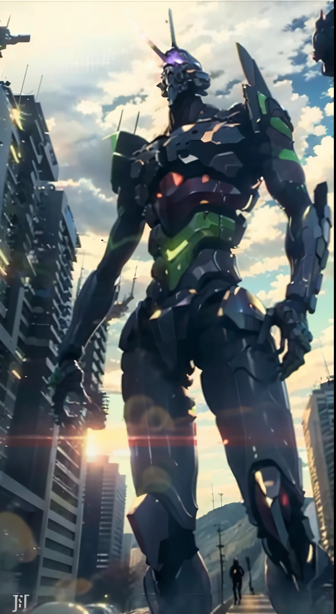 Eva 01,realistic,full body,walking between buildings,view from below