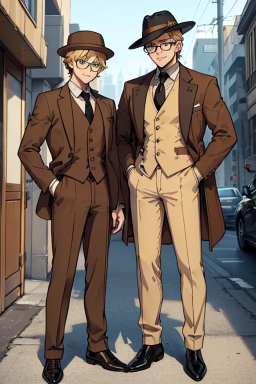 male, blonde short messy hair, blue eyes, (((1boy))), (((brown suit jacket))), (white dress shirt), (golden yellow vest), (brown dress pants), (black necktie), (black dress shoes), (brown trilby hat), (glasses), young, long legs, smiling, single man, no other people, one man, alone