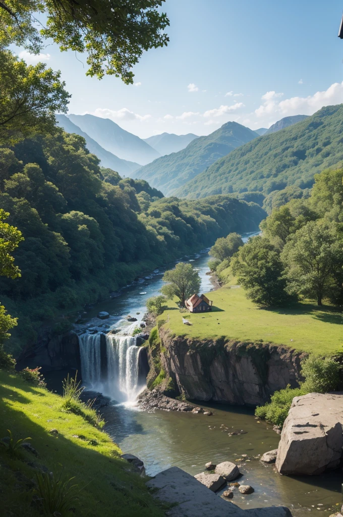 A small house with a chimney with a river next to it and a waterfall on the horizon 