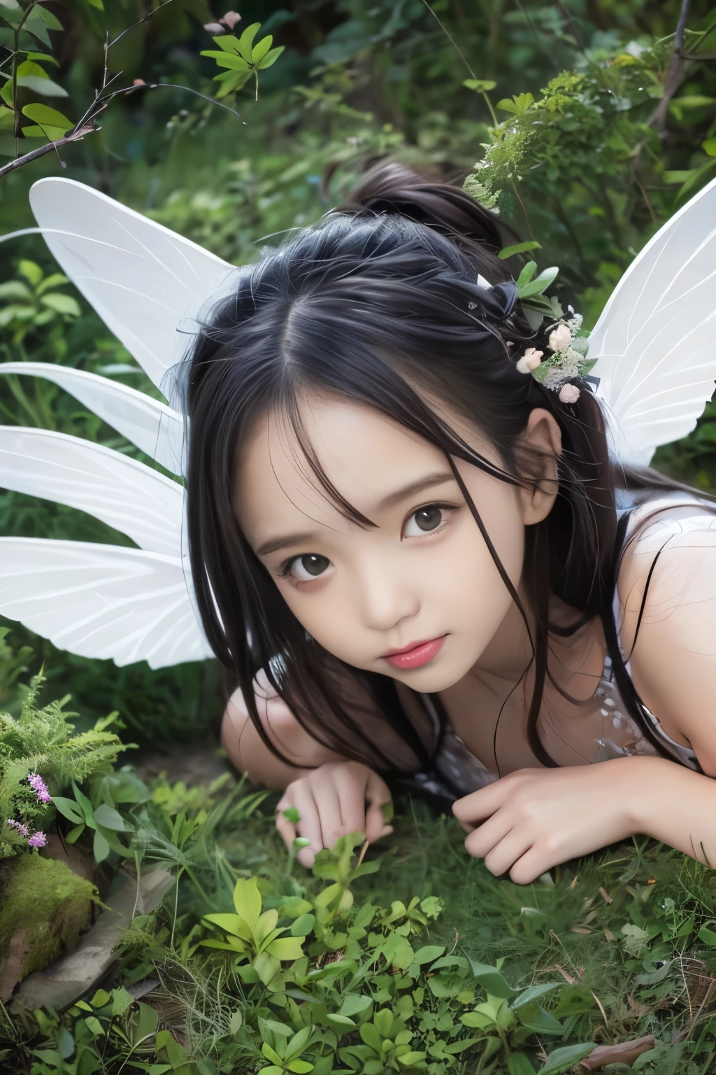 (8k、live shooting、realistic:1.25)、1 girl、A fairy with a beautiful face like a 14-year-old girl.、If you look down from above while floating in the air、Buckshot、Fairy wings are transparent、shy smile、whole body、Glowing costumes、lip gloss、shiny skin、best quality、ultra high resolution、