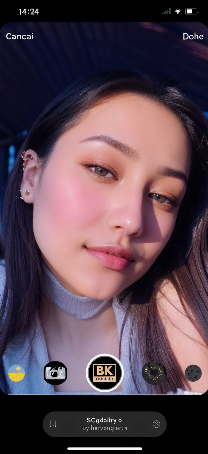 gigiHad1 piercing eyes, looking straight, very happy,long hair, wearing an off-shoulder sweater, choker, closeup portrait, in a outdoor cafe in 2015, afternoon light gigiHad1