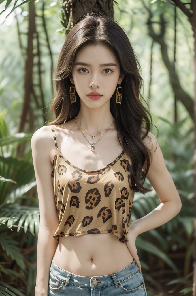 (((best quality))),(((ultra detailed))),(((masterpiece))),illustration,((1 beautiful girl,solo)),(shoulder length messy hair:1.2),((Beast bone earrings and necklace)),((slim,thin)),((small breasts,flat chest)),(slender legs:1.2),fair complexion,(leopard print short-sleeved tank top and mini shorts:1.3),seductive,wild spirit,lush forest,primitive,tall trees,green canopy, sunlight filter,scent of earth,bird chirping,small creatures,secluded spot,captivating,enigmatic,raw energy,untamed spirit,morden day Eve,Garden of Eden,playful,adventurous,striking appearance,exotic setting,summertime,heat,humidity,vibrant colours,endless possibilities,exquisite detail,expansive wilderness,feminine allure,((from front,upper body))