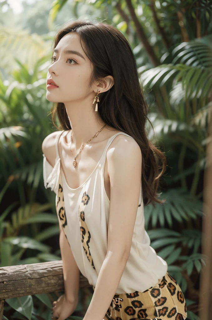 (((best quality))),(((ultra detailed))),(((masterpiece))),illustration,((1 beautiful girl,solo)),(shoulder length messy hair:1.2),((Beast bone earrings and necklace)),((slim,thin)),((small breasts,flat chest)),(slender legs:1.2),fair complexion,(leopard print short-sleeved tank top and mini shorts:1.3),seductive,wild spirit,lush forest,primitive,tall trees,green canopy, sunlight filter,scent of earth,bird chirping,small creatures,secluded spot,captivating,enigmatic,raw energy,untamed spirit,morden day Eve,Garden of Eden,playful,adventurous,striking appearance,exotic setting,summertime,heat,humidity,vibrant colours,endless possibilities,exquisite detail,expansive wilderness,feminine allure,((from front,upper body))