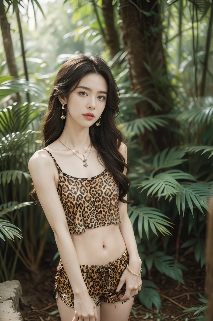 (((best quality))),(((ultra detailed))),(((masterpiece))),illustration,((1 beautiful girl,solo)),(shoulder length messy hair:1.2),((Beast bone earrings and necklace)),((slim,thin)),((small breasts,flat chest)),(slender legs:1.2),fair complexion,(leopard print short-sleeved tank top and mini shorts:1.3),seductive,wild spirit,lush forest,primitive,tall trees,green canopy, sunlight filter,scent of earth,bird chirping,small creatures,secluded spot,captivating,enigmatic,raw energy,untamed spirit,morden day Eve,Garden of Eden,playful,adventurous,striking appearance,exotic setting,summertime,heat,humidity,vibrant colours,endless possibilities,exquisite detail,expansive wilderness,feminine allure,((from front,upper body))