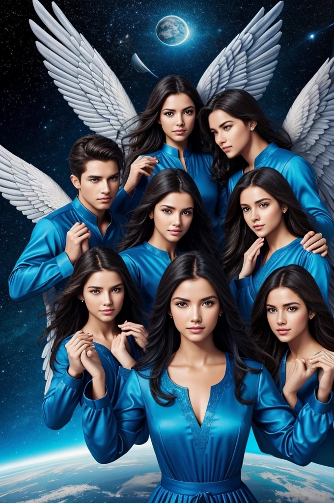 3 Angels men and 3 Angels women beautiful and perfect 20 years old all surrounding the earth and floating in the night sky with large blue wings with their hands together in prayer, 6 beautiful and precious Angels hyper-detailed with beautiful and hyper-defined hyper-realistic wings of color strong blue, the faces of the men are very manly and beautiful and the faces of the women are beautiful, beautiful, hyper-detailed, hyper-defined, defined closed eyes, beautiful hair,
Blue tunic-type dresses with some silver details, in the center is the planet Earth that rotates gently, cinematographic illustration,
Hyperrealistic illustration,
Hyper-defined illustration, High quality and resolution,
Maximum sharpness, 8k UHD, 4d UHD