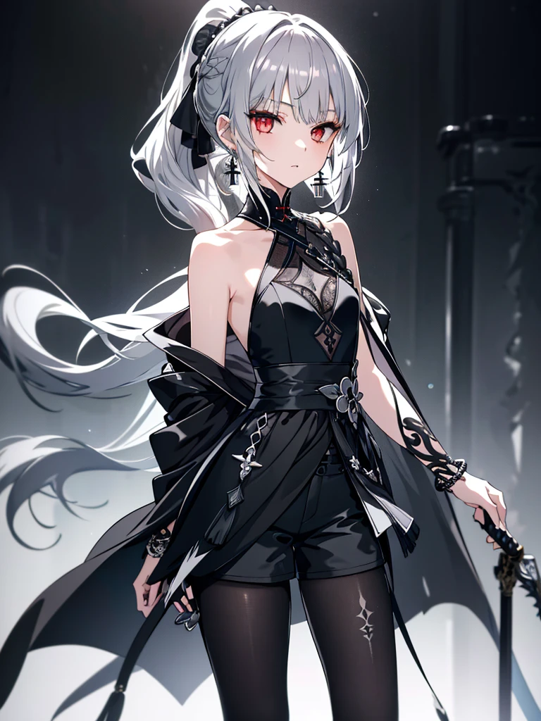 8k,High resolution RAW color art,Anime Art, (((Very detailed and cool))), Detailed skin, Blur、texture,(Exquisitely crafted, The finer details, Ultra-detailed art), (((1 girl))), Depth of written boundary, Silky Touch, Hyper Detail, (((Cool face))), eye shadow、Silver Marble Skin, Beautiful detailed red eyes, Beautiful lip detail, Very delicate face, Delicate depiction of hair and eyes, Detailed Fashion, Silver earrings,Silver Bracelet、Full body depiction, Black half top、(((Shoulder Bare)))、Black shorts、black waist cloak、black tights、 A little bit of grey hair, Ponytail Hair、Semi-long hair、(((Hair)))、water surface、silk clotheatte、Soft clothes、Swing your sword down
