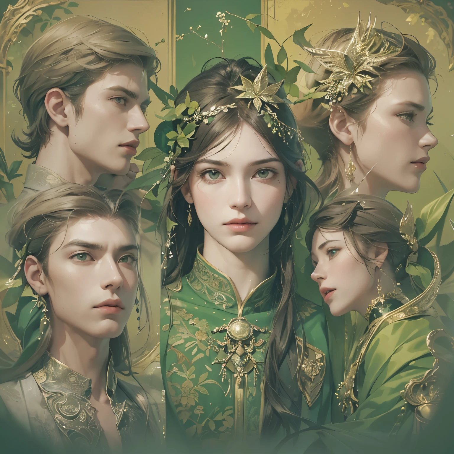 Create an image divided into four sections with a green theme: a lively Campaigner male, a serene Mediator female, a confident Protagonist male, and a wise Advocate male, each in distinctive poses against a unified backdrop with shades of green, incorporating delicate and mystical elements to enhance the overall visual appeal.