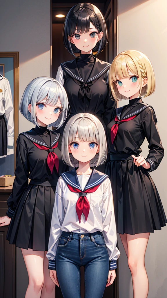 Three Women Group photo Everyone looks at the camera (left Silver Hair Short Hair Tallest Sharp Eyes smile Work clothes) (middle Black Hair Medium Hair The shortest 引きつったsmile Black Sailor Suit Long skirt) (right Blonde Bob cut with small braids Second tallest smile Dress shirt jeans)