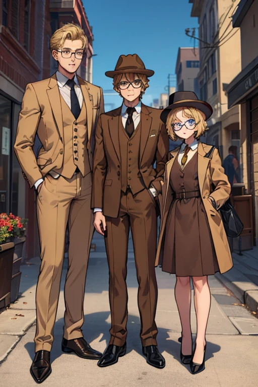 male, blonde short messy hair, blue eyes, (((1boy))), (((brown suit jacket))), (white dress shirt), (golden yellow vest), (brown dress pants), (black necktie), (black dress shoes), (brown trilby hat), (glasses), young, long legs, smiling, single man, no other people, one man, alone, no women, no children
