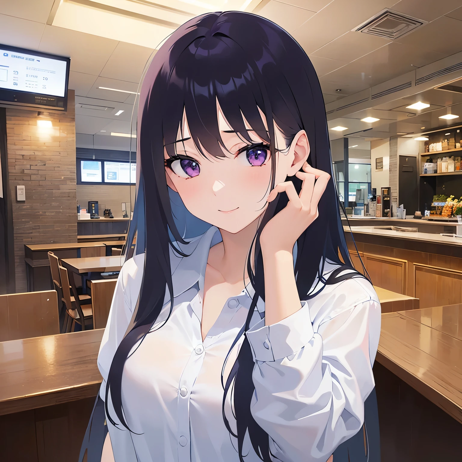 hands on own face, looking up, Upper Body, Realistic, real person, (pale skin: 1.2), RAW photo, photorealistic, shiny skin, shiny hair、(A 25-year-old woman with straight hair and bangs) and (medium hair) and (black hair) and (purple eyes) , (white collared shirt)、(embarrassed:1.3), smile, The background is the interior of a restaurant at night.、Alone、Are standing