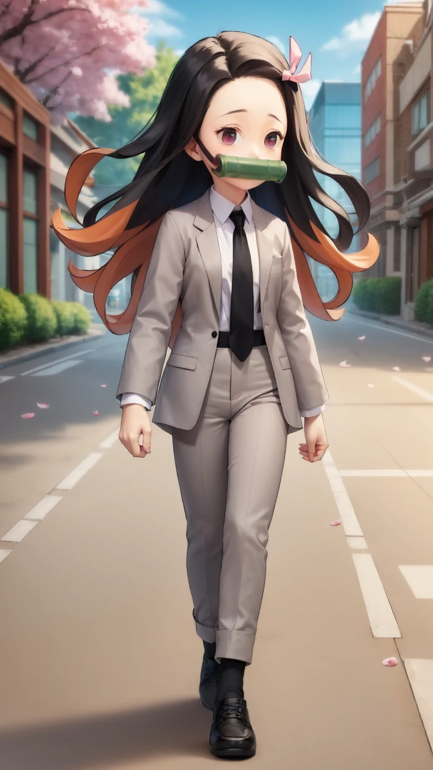 solo,solid circle eyes,parody, chibi,,grey suit, (grey blazer), grey pants, white collared shirt, (black necktie), pink hair ribbon,floating hair,black hair,two-tone hair,power walking, street,building,cherry blossoms,bamboo bit gag, raised eyebrows,dynamic pose,(from side:0.75) ,pants,jacket,oversized clothes,black shoes,black socks, pink eyes