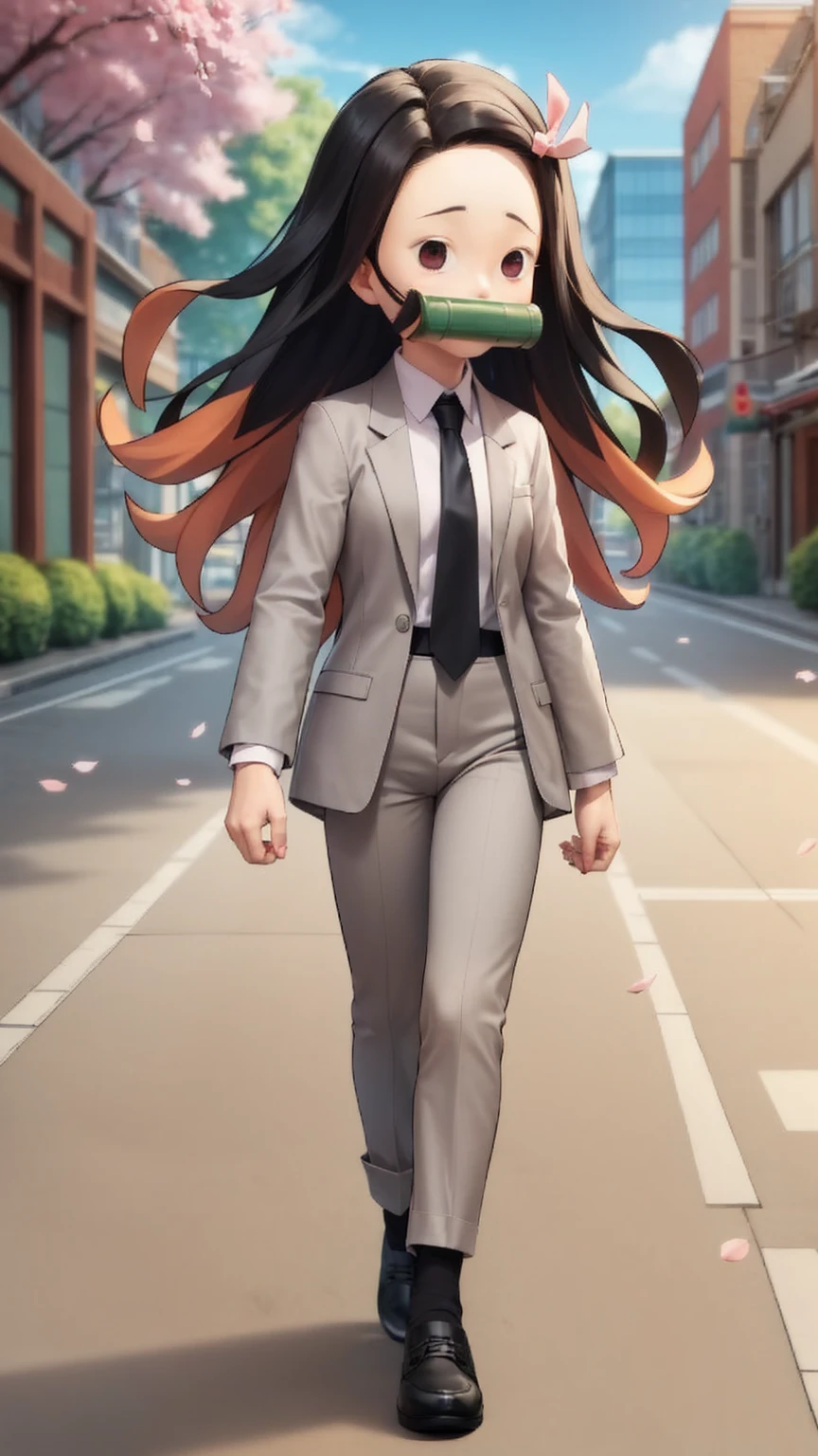 solo,solid circle eyes,parody, chibi,,grey suit, (grey blazer), grey pants, white collared shirt, (black necktie), pink hair ribbon,floating hair,black hair,two-tone hair,power walking, street,building,cherry blossoms,bamboo bit gag, raised eyebrows,dynamic pose,(from side:0.75) ,pants,jacket,oversized clothes,black shoes,black socks, pink eyes