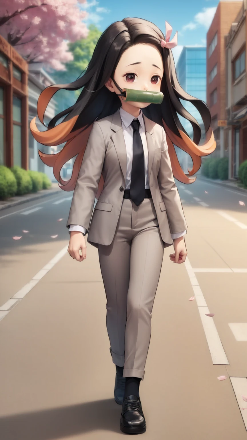 solo,solid circle eyes,parody, chibi,,grey suit, (grey blazer), grey pants, white collared shirt, (black necktie), pink hair ribbon,floating hair,black hair,two-tone hair,power walking, street,building,cherry blossoms,bamboo bit gag, raised eyebrows,dynamic pose,(from side:0.75) ,pants,jacket,oversized clothes,black shoes,black socks, pink eyes