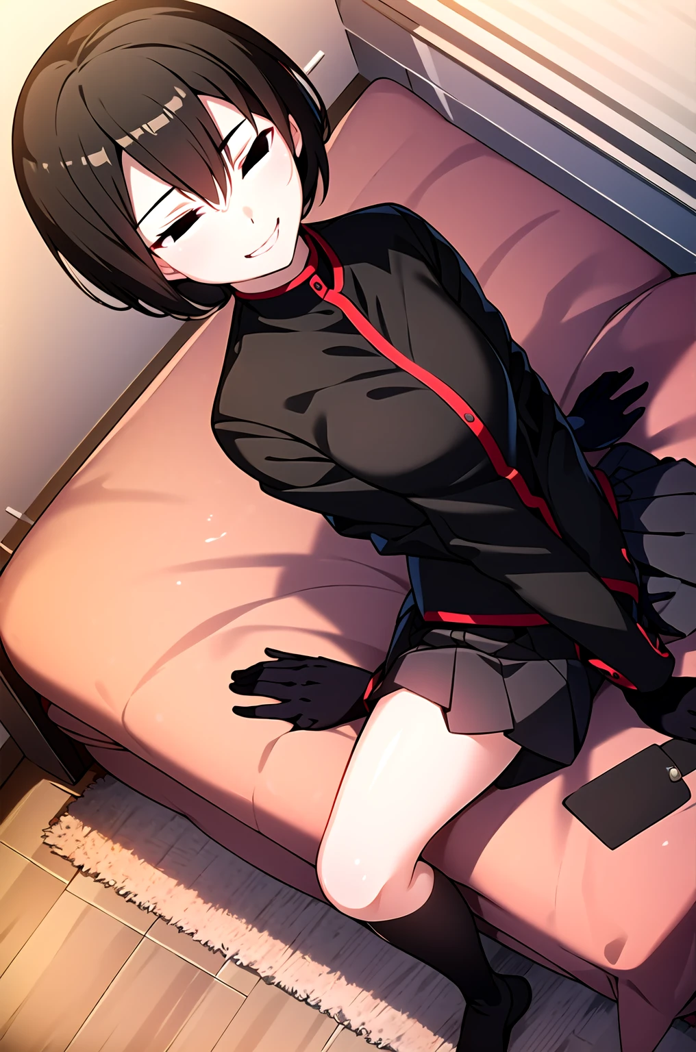 (masterpiece,Highest quality, detailed), One girl, alone, indoor, bed, Sitting, Half-closed eyes, smile, Mouth closed, whole body, Tilt your head, From above, View your viewers,
Oshino Ougi, gakuran, Black gloves, Black jacket, Pleated skirt, Black Pantyhose, No shoes