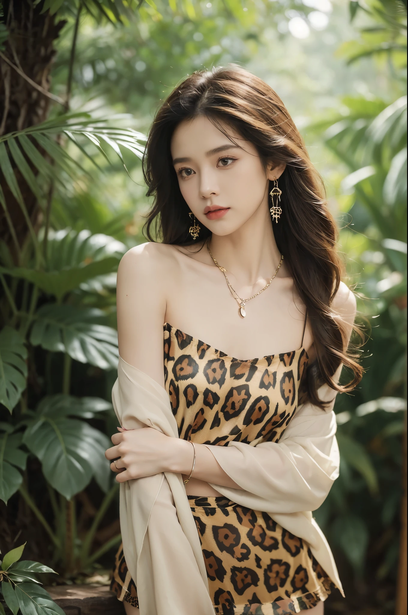 (((best quality))),(((ultra detailed))),(((masterpiece))),illustration,((1 beautiful girl,solo)),(shoulder length messy hair:1.2),((Beast bone earrings and necklace)),((slim,thin)),((small breasts,flat chest)),(slender legs:1.2),fair complexion,(leopard print dress:1.3),seductive,wild spirit,lush forest,primitive,tall trees,green canopy, sunlight filter,scent of earth,bird chirping,small creatures,secluded spot,captivating,enigmatic,raw energy,untamed spirit,morden day Eve,Garden of Eden,playful,adventurous,striking appearance,exotic setting,summertime,heat,humidity,vibrant colours,endless possibilities,exquisite detail,expansive wilderness,feminine allure,((from front,upper body))