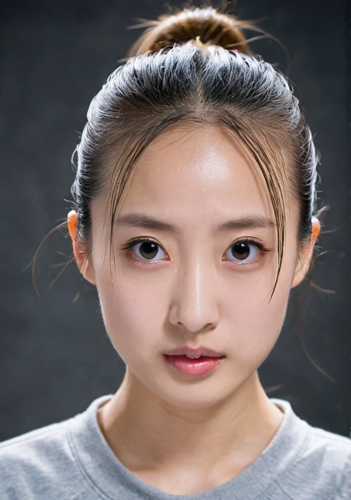 girl, 独奏, Mug shot, Cold expression, Lady, High nose, Swan neck, Slender eyes, big eyes, Larger mouth, Low Ponytail, Wide forehead