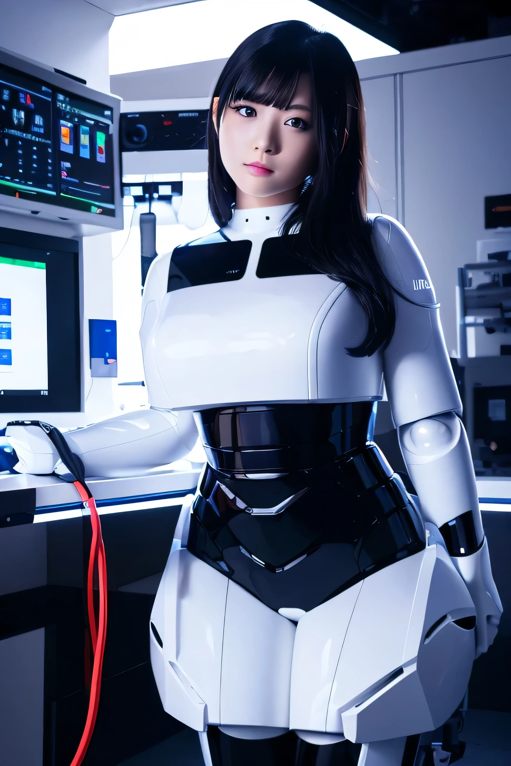 masterpiece, best quality, extremely detailed, portrait,Japaese android girl,Plump,a bit chubby,control panels,android,Droid,Mechanical Hand, ,Robot arms and legs, Black hair,Mechanical body,Blunt bangs,White Robotics Parts,perfect robot woman,Charging spot,Long Tube,A thick cable was connected to her neck,perfect mechanical body,white robotics body,future assembly plant,white body,She has repaired,black sponge joints,android assembly plant,android,laboratory,perfect machine body,white robot body,blue eyes