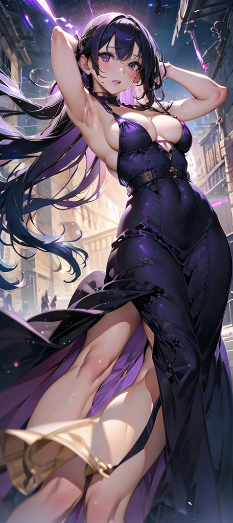 A beautiful woman with long purple hbright air, sexy dress, detailed facial features, high quality, photorealistic, cinematic lighting, dramatic colors, Put on a few pieces of mat.,big breasts,