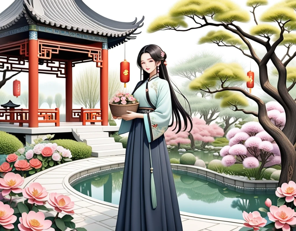 A stunning anime illustration about Qiuxiang,She is a beauty in ancient Chinese legends,Often associated with Tang Bohu。She has a long one、Flowing black hair,Simply combing,Dressed in modest servant attire,Simple pattern,Soft colors。Qiuxiang has a gentle and kind expression,Holding a basket of flowers,Standing in a beautiful garden,Surrounded by blooming flowers and traditional Chinese pavilions。The background is a peaceful scene,There are willow trees and a tranquil pond,Highlighting her humble and charming temperament。style:dream,meticulous,Soft colors,3D Effect。