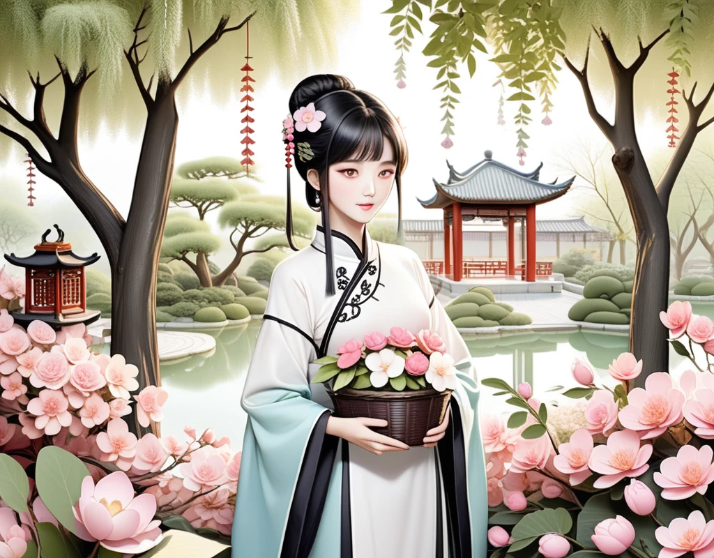 A stunning anime illustration about Qiuxiang，She is a beauty in ancient Chinese legends，Often associated with Tang Bohu。She has a long one、Flowing black hair，Simply combing，Dressed in modest servant attire，Simple pattern，Soft colors。Qiuxiang has a gentle and kind expression，Holding a basket of flowers，Standing in a beautiful garden，Surrounded by blooming flowers and traditional Chinese pavilions。The background is a peaceful scene，There are willow trees and a tranquil pond，Highlighting her humble and charming temperament。style：dream，meticulous，Soft colors，3D Effect。