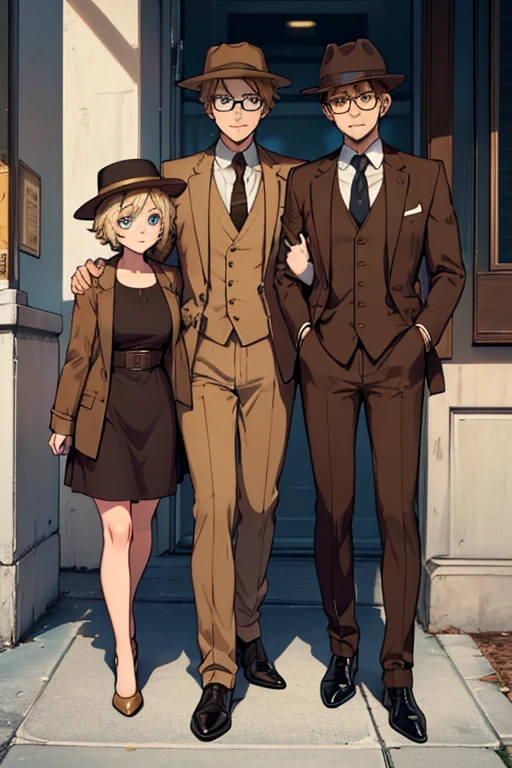 male, blonde short messy hair, blue eyes, (((1boy))), (((brown suit jacket))), (white dress shirt), (golden yellow vest), (brown dress pants), (black necktie), (black dress shoes), (brown trilby hat), (glasses), young, long legs, smiling, single man, no other people, one man, alone, no women, no children