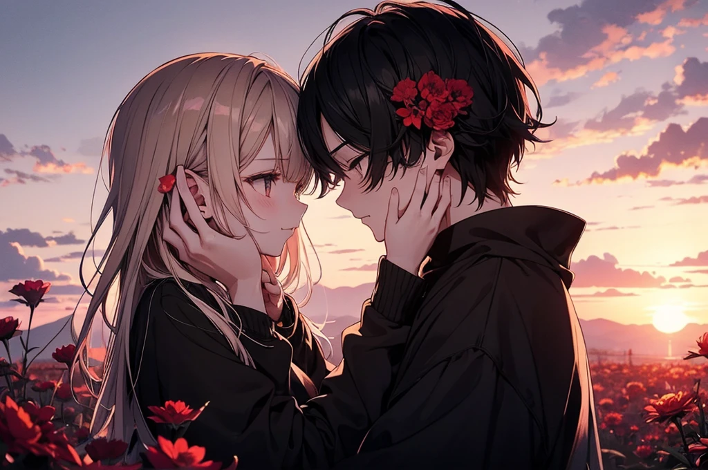 Under a beautiful sunset sky, two anime-style young men stand facing each other. On the right, a young man with short blonde hair partially covers his face with a red flower. On the left, a young man with long black hair, wearing a loose-fitting black garment, gently places his hand on the other’s face. They appear to share a deep bond, illuminated by the soft light of the setting sun. The background exudes a calm and romantic atmosphere, emphasizing their emotional connection.high quality, amount of drawing, pixiv illustration