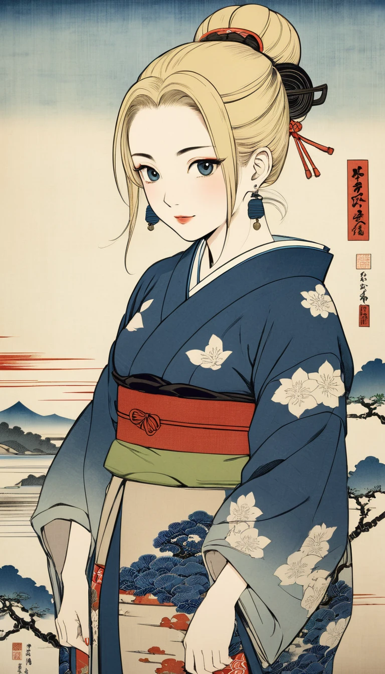 (masterpiece, Highest quality:1.2), One girl, alone,bony body、15 years old、Earrings、Blonde、Edo Period、Edo Period、Ukiyo-e style