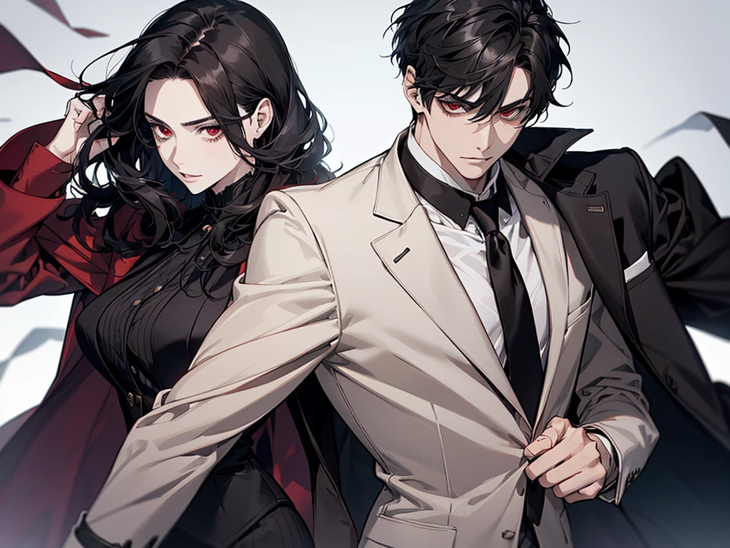 Henry is a 30 year old man with black hair and sharp red eyes like a hawk, Henry wearing a black suit and tie taken in the early 2020s, gotham, alejandro, she looks very graceful,short black hair combed to the left side, dynamic posture, one person,He is a firm figure and has a face that tends to be a bit stiff, he has eye bags that are quite obvious, and he has pale white skin, I think he is around 185cm tall with a good and sturdy body size.