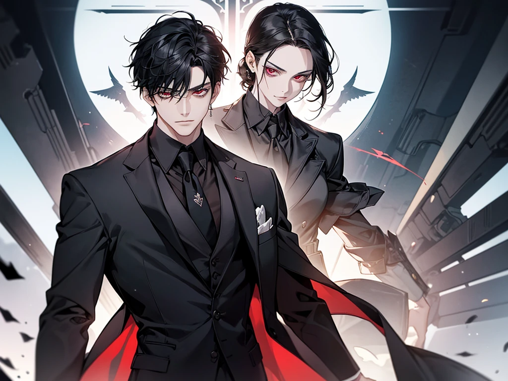 Henry is a 30 year old man with black hair and sharp red eyes like a hawk, Henry wearing a black suit and tie taken in the early 2020s, gotham, alejandro, she looks very graceful,short black hair combed to the left side, dynamic posture, one person,He is a firm figure and has a face that tends to be a bit stiff, he has eye bags that are quite obvious, and he has pale white skin, I think he is around 185cm tall with a good and sturdy body size.