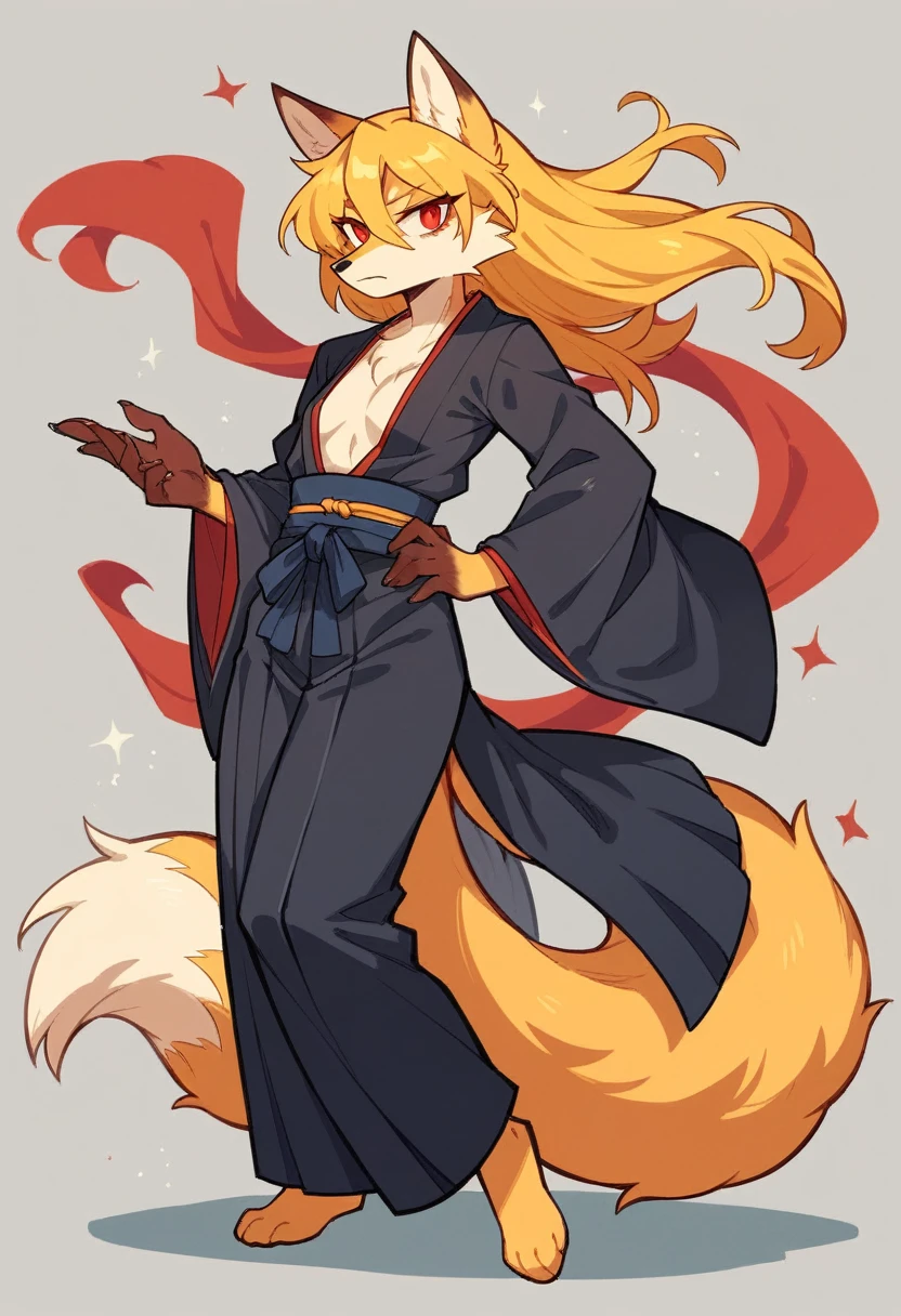 (full body,,The left hand is on the hip),((The right hand is out in front)),small breasts,Adult female fox, Furry, Golden fur, Golden facial fur, long golden hair, The hair on his hands is golden, Golden yellow hair on the back of the hand, Light-filled eyes, Red eyes, Brown elements of fur,Plain black kimono,Dark blue hakama,Very fine fur, Fluffy tail,Nine-tailed tail,