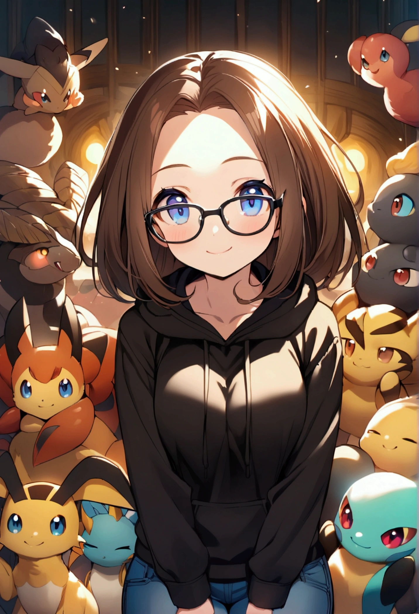 Alone, One person, Anime woman (shoulder length brown hair, blue eyes, black hoodie, jeans, dark framed glasses, clear forehead, smiling). Surrounded by lots of cute fantasy creatures like Pokemon.