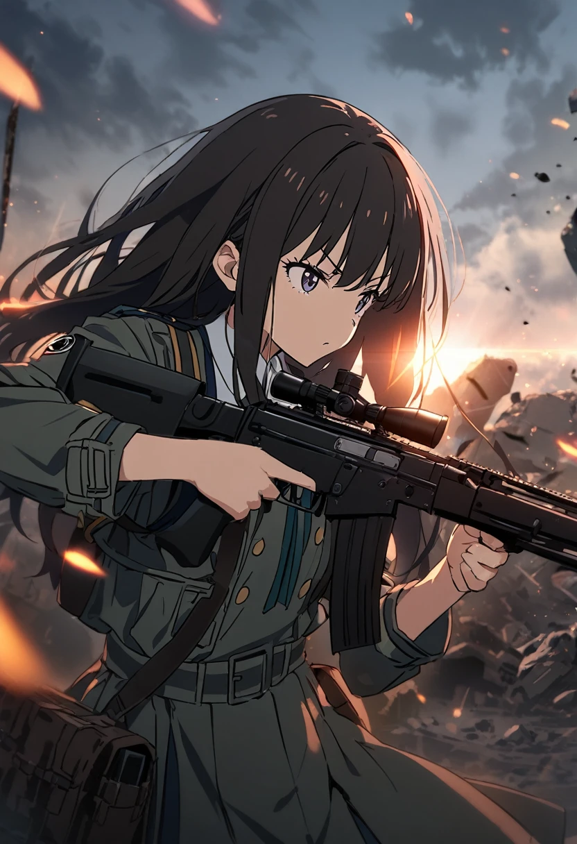 1girl, inoue takina, lycoris recoil, on a war-torn battlefield at dawn, with the first light of day breaking through smoke and debris. She is holding an AK-5 rifle, aiming with a focused and determined posture. The cinematic lighting highlights her battle-worn appearance and defiant stance. The scene is a masterpiece of the highest quality with absurd resolution