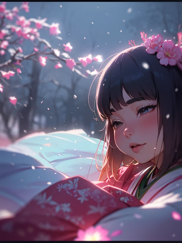 (Sumilux f1.4 50mm , low Latitude old color negative film , cross process , bokeh, flare, chromatic aberration , soft focus, (Shallow focus) , soft glow , Maximum aperture, High Key , Transparent depiction) , kawaii hentai anime , Japanese Heian period , Royal girl, fox mask , (round Maro eyebrows) , kimono, sitting , (Peony flowers blooming:0.8) , closeup face , Snow is falling , steamy breath , Kagura Dance