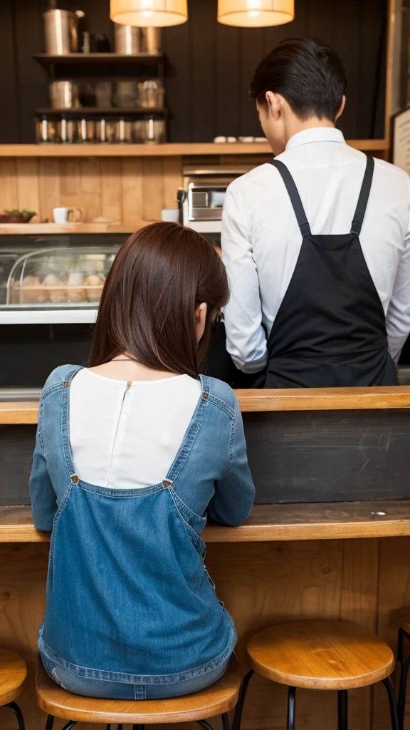 Write about the back view of a man and a woman sitting slightly apart from each other at the café counter.