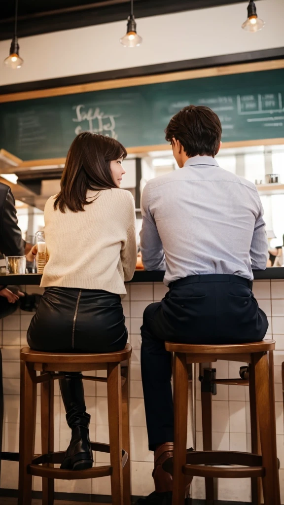 Write about the back view of a man and a woman sitting slightly apart from each other at the café counter.