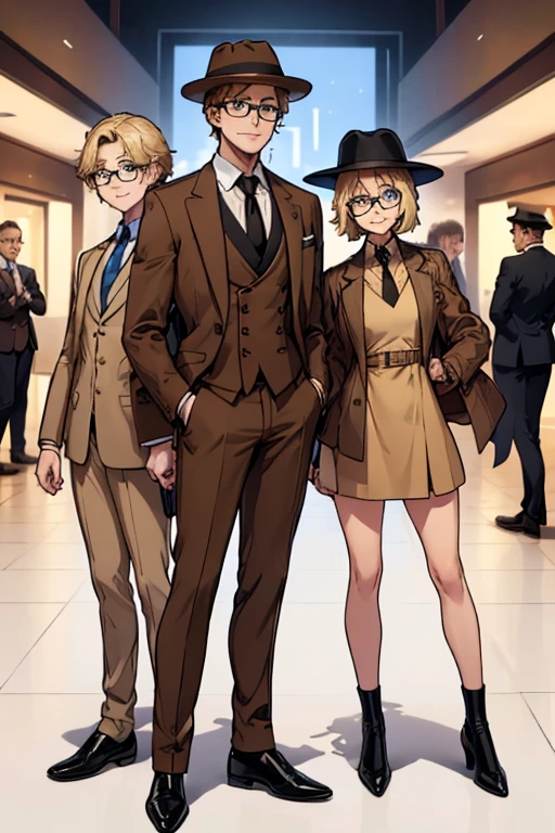 male, blonde short messy hair, blue eyes, (((brown suit jacket))), (white dress shirt), (golden yellow vest), (brown dress pants), (black necktie), (black dress shoes), (brown trilby hat), (glasses), young, long legs, smiling, single man