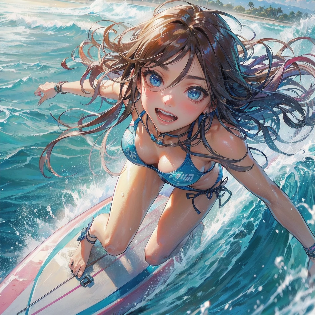 masterpiece, (textured skin), best quality, gorgeous beautiful girl, (a female surfing athlete), detailed clothes,large breasts,narrow waist,, (beautiful face), cinematic lighting, (at surfing venue ),