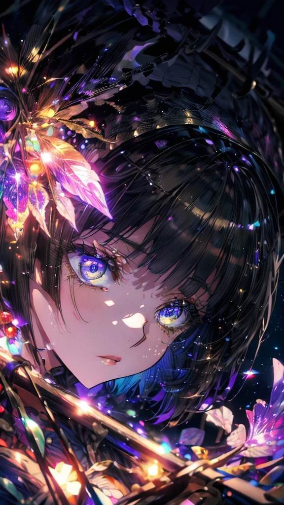 (Highest quality),(masterpiece), 8k,Very detailed, Detailed light, Best Shadow,Detailed reflective eyes, Beautiful Eyes, Very detailedな顔,Shiny Hair,One person,Gloss,semi-long,Black Hair,Iris,enchanting,Expressionless,Quiet anger,full moon,hair ornaments,whole body,front,On a journey to another world led by the moon,my,Mio,fan,looking at the camera,darkness,face is dirty for painting,Dynamic Angle,