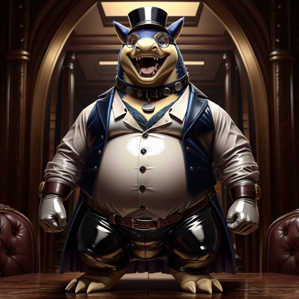 Solo, Male, fat, extremely obese, gentleman, dapper Professor Typhlosion, steampunk, blue eyes, (posing:1.3), (soft shading), 4k, hi res, ((detailed face, detailed)), looking at viewer, mouth wide open, evil laugh, dapper clothing, collared shirt with buttons, top hat, male focus, Explorer Outfit, glasses, monocle, vest with buttons, sleeves rolled up, round eyewear, brown headwear, brown vest, office, Typhlosion is wearing a glossy leather dog collar around the neck, Typhlosion is wearing the leather collar and shirt and vest at the same time, Typhlosion is wearing glossy white rubber gloves on the hands, wearing white rubber gloves on the feet, gloves are rubber in texture, clenching fists, leather collar is glossy and shiny with a lot of detail, Typhlosion is wearing gloves and leather collar at the same time, leather collar has a round dog-tag, leather collar is thick and detailed, leather collar is glossy and shiny, fancy clothing, dapper vest, dapper shirt, leather collar is thick, glossy leather collar.