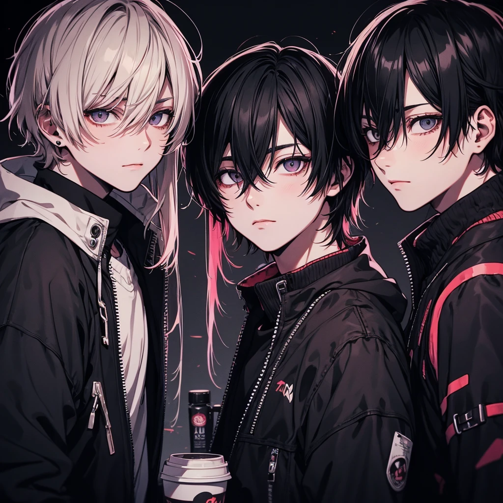 anime cyberpunk style, man in coffee shop, highly detailed, HD, dark background，two boys，（handsome）Look at each other affectionately