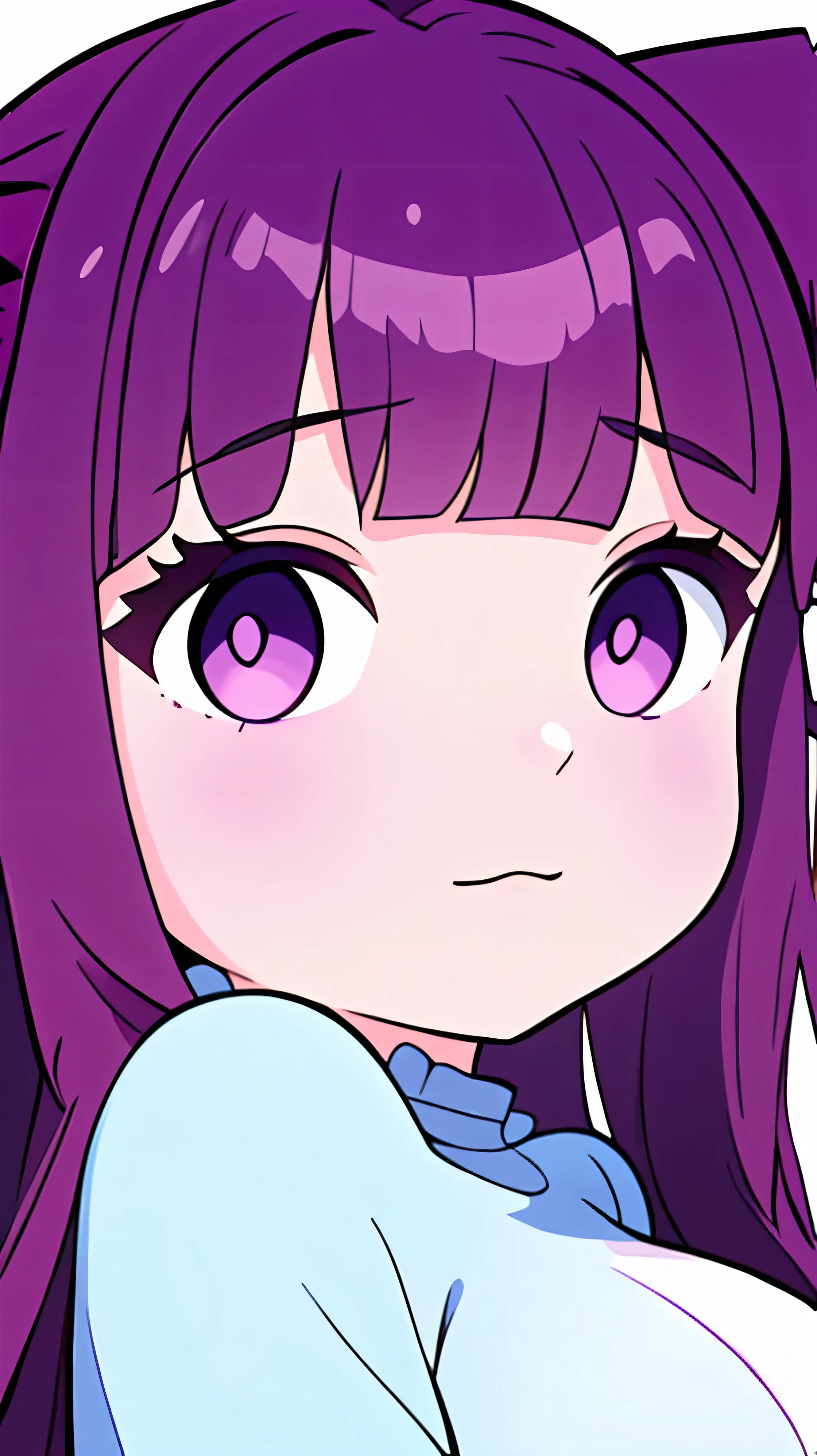 kawaii girl,Fern, Long Hair, bangs, (Purple eyes:1.1), Purple Hair, Side Lock, blunt bangs, (Bright Eyes:1.5), Half Up,Big breast, (score_9, score_8_up:1.1), score_7_up,twitch emotes,anime style,cartoon