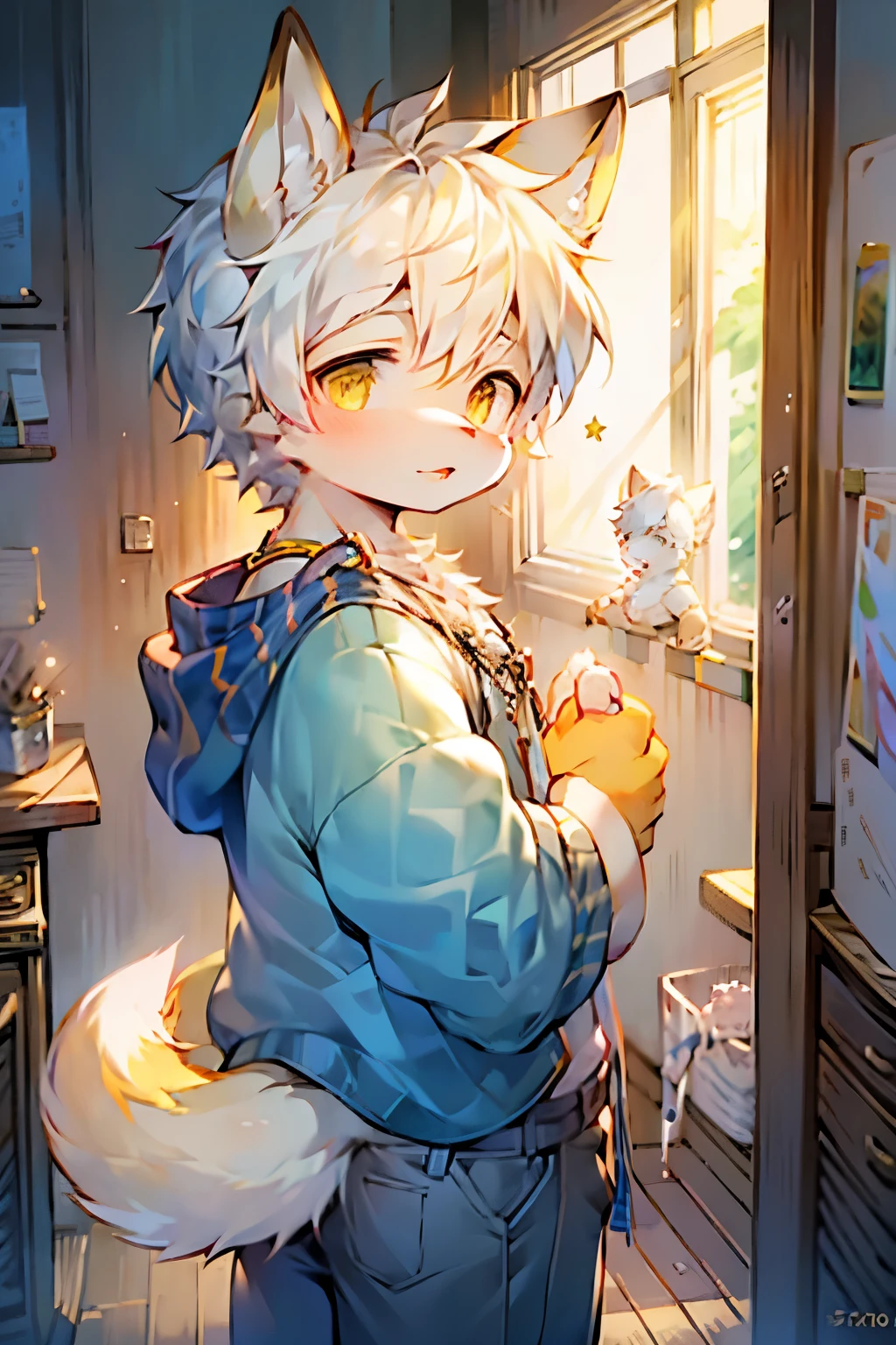 Fox Boy，Furry boys，Male focus，Infant and child characteristics，White hair，Yellow skin，White Arm，Standing，painter，Artboard，Room bright background