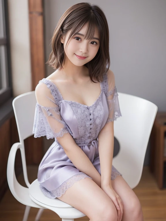 Photo-realistic quality、20-year-old Japanese idol sitting on a white chair wearing a pale gray-purple lace mini dress, Full body photo、Overall view、Sheer silk mini dress, From toe to head、Cute and elegant pose, Japanese female fashion model, A stunningly elegant pose, A young Japanese woman wearing a gorgeous pale gray-purple mini dress, Sexy Dress, Graceful smile pose, elegant charming pose, Photo of slim girl model, looking at the camera、Detailed and beautiful eyes、Cute smile、Relaxed and gentle expression、Small hands、Beautiful legs extending from the skirt