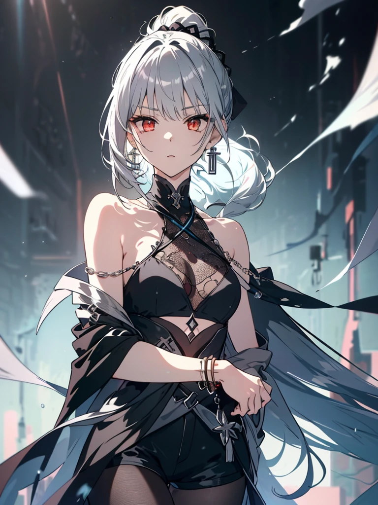 8k,High resolution RAW color art,Anime Art, (((Very detailed and cool))), Detailed skin, Blur、texture,(Exquisitely crafted, The finer details, Ultra-detailed art), (((1 girl))), Depth of written boundary, Silky Touch, Hyper Detail, (((Cool face))), eye shadow、Silver Marble Skin, Beautiful detailed red eyes, Beautiful lip detail, Very delicate face, Delicate depiction of hair and eyes, Detailed Fashion, Silver earrings,Silver Bracelet、Full body depiction, Black half top、(((Shoulder Bare)))、Black shorts、black waist cloak、black tights、 A little bit of grey hair, Ponytail Hair、Semi-long hair、(((Hair)))、water surface、silk clotheatte、Soft clothes、