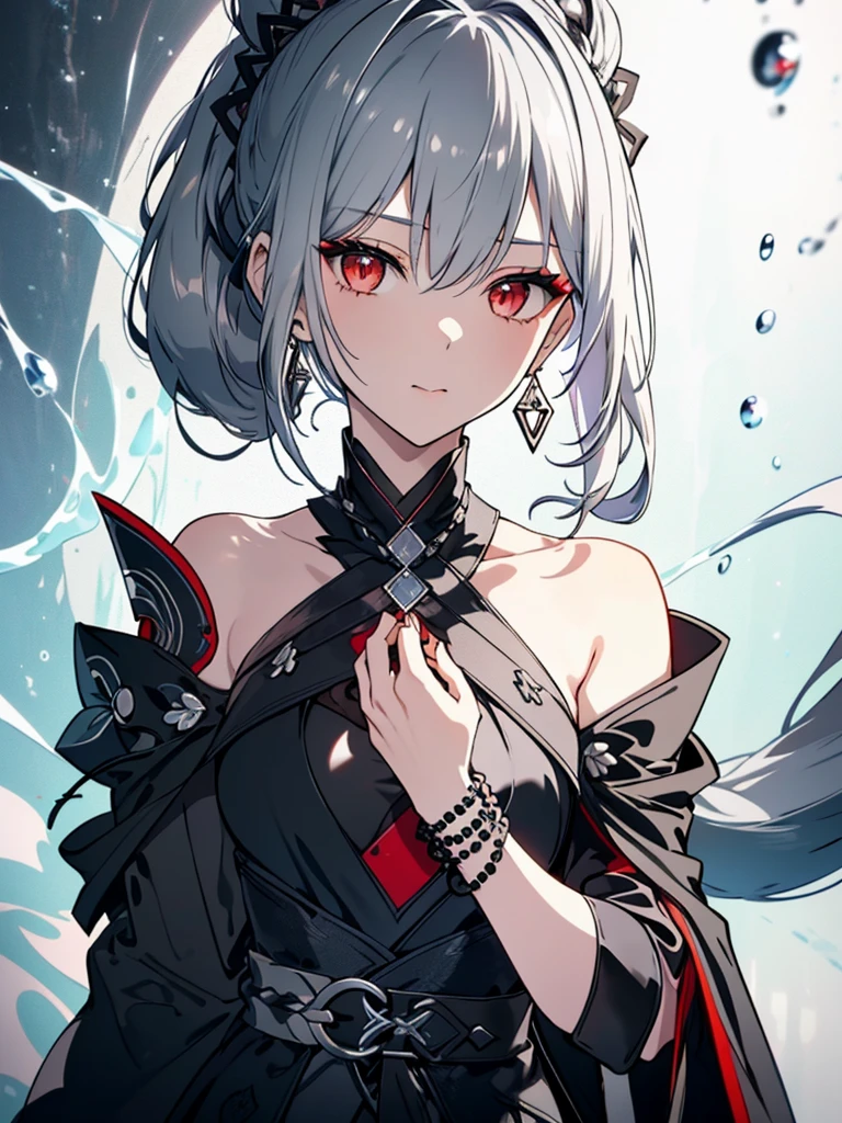 8k,High resolution RAW color art,Anime Art, (((Very detailed and cool))), Detailed skin, Blur、texture,(Exquisitely crafted, The finer details, Ultra-detailed art), (((1 girl))), Depth of written boundary, Silky Touch, Hyper Detail, (((Cool face))), eye shadow、Silver Marble Skin, Beautiful detailed red eyes, Beautiful lip detail, Very delicate face, Delicate depiction of hair and eyes, Detailed Fashion, Silver earrings,Silver Bracelet、Full body depiction, Black half top、(((Shoulder Bare)))、Black shorts、black waist cloak、black tights、 A little bit of grey hair, Ponytail Hair、Semi-long hair、(((Hair)))、water surface、silk clotheatte、Soft clothes、