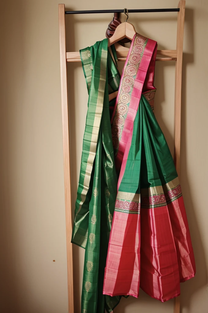 Create a quote on saree on a background of a banarasi saree put on a hanger. No human