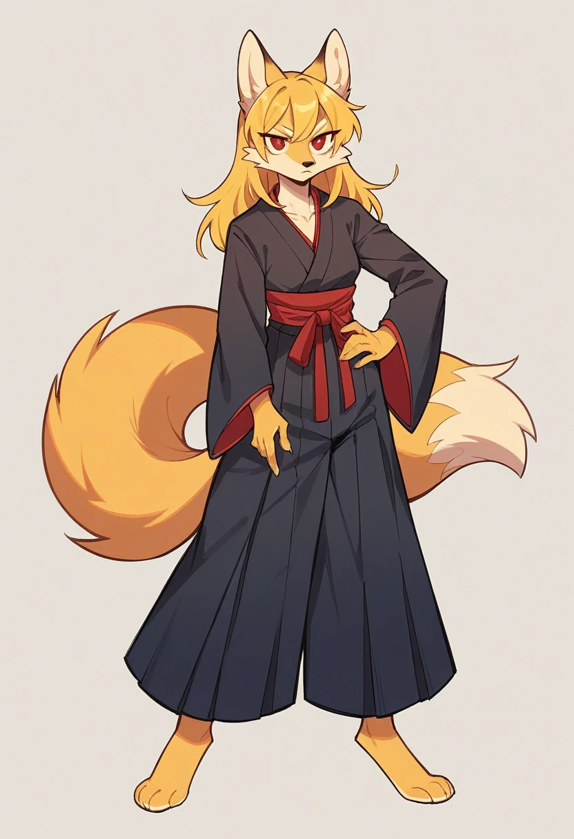 (full body,,The left hand is on the hip),((The right hand is out in front)),small breasts,Adult female fox, Furry, Golden fur, Golden facial fur, long golden hair, The hair on his hands is golden, Golden yellow hair on the back of the hand, Light-filled eyes, Red eyes, Brown elements of fur,Plain black kimono,Dark blue hakama,Very fine fur,