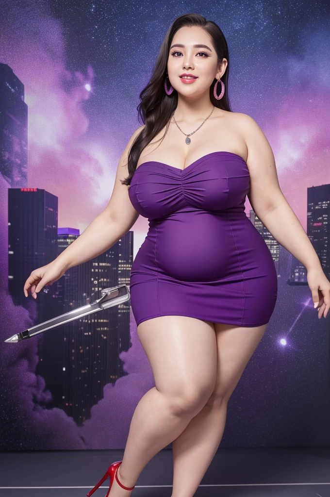 (8k, ultra high resolution, highest quality, masterpiece:1.2), ultra realistic, (realistic, photorealistic:1.37), (realistic skin:1.2), ultra detailed, Canon EOS RP, 8k, Korean mature woman, smiling, (super obese:1.5), (((super curvaceous,))) ((super voluptuous,)) ((full body shot)), thick ankles, (red slicked back hair:1.5), (red long hair), (flowing hair), (smiling), staring, (purple mini skirt), (purple bodycon one piece dress), (strapless:1.3), teardrop earrings and necklace, (file stick the same size as her height), purple high heels, full body shot, (fire city background),