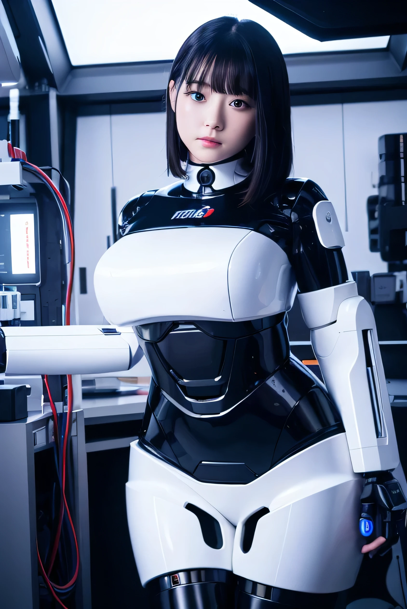 masterpiece, best quality, extremely detailed, portrait,Japaese android girl,Plump,a bit chubby,control panels,android,Droid,Mechanical Hand, ,Robot arms and legs, Black hair,Mechanical body,Blunt bangs,White Robotics Parts,perfect robot woman,Charging spot,Long Tube,A thick cable was connected to her neck,perfect mechanical body,white robotics body,future assembly plant,white body,She has repaired,black sponge joints,android assembly plant,android,laboratory,perfect machine body,white robot body,blue eyes